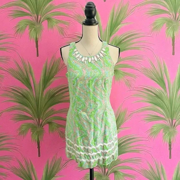 Lilly Pulitzer Pearl Shift Dress Chomp Chomp Alligator Print Green Pink Size 8 - Picture 1 of 6